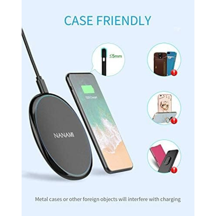 Бездротовий зарядний пристрій NANAMI 20W USB-C PD з адаптером, швидка бездротова зарядка 10W для Samsung Galaxy S25/S24/S23/S22/S21 Ultra Plus, 7.5W для iPhone 17/16/15/14/13/12/11 Pro та Airpods (Чорний)