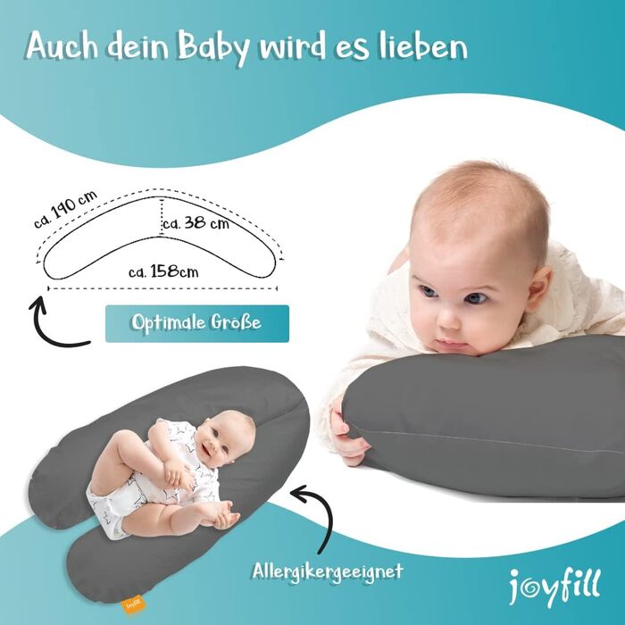 Подушка для вагітних та годування joyfill® 190 см, мікроперлини, антрацит, Німеччина – тиха та зручна, для сну і годування немовлят, XXL