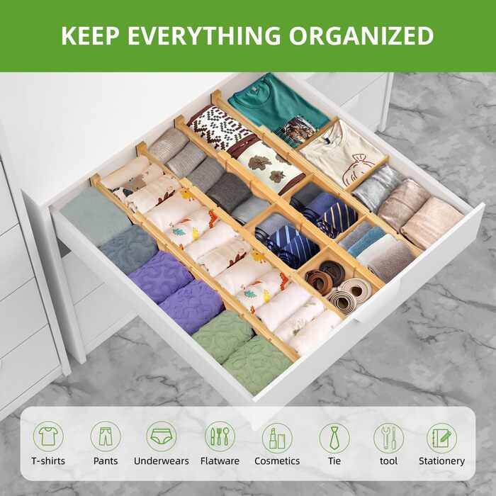 ANTOWIN 4 Pack Expandable Drawer Dividers, 5.7CM, extends from 43CM to 56CM, Drawer Organizers for Kitchen, Bedroom, Office, Bathroom (Natural)