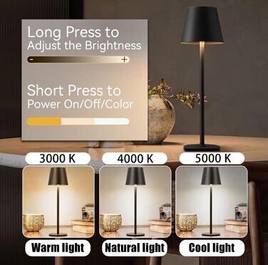 Акумуляторна настільна лампа Vollmetall з LED, 5000mAh, 2 шт. Зміна кольору світла, сенсорне регулювання яскравості, для їдальні, спальні, готелю, чорний/золотий