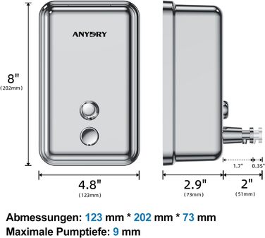 Диспенсер для рідкого мила anydry AD1003, настінний, 1100 мл, ручний, нержавіюча сталь, полірований