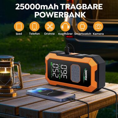 Пусковий пристрій (бустер) 8000A з компресором 150PSI та Powerbank 25000mAh для авто (бензин до 12л, дизель до 10л), з LED-ліхтарем, помаранчевий