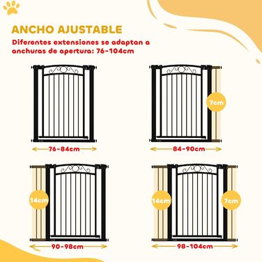 Захист для собак PawHut: регульовані ворота-бар'єр 76-104 см, білий. Безпечне огорожа для собак з двома розширювачами, подвійним замком та маленькими воротами для сходів та дверей.