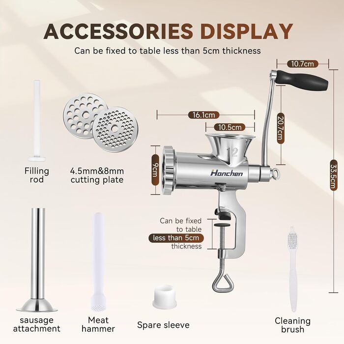 М'ясорубка ручна Hanchen з нержавіючої сталі з присоскою, насадка для ковбас, 2 диски, подрібнювач овочів - професійна