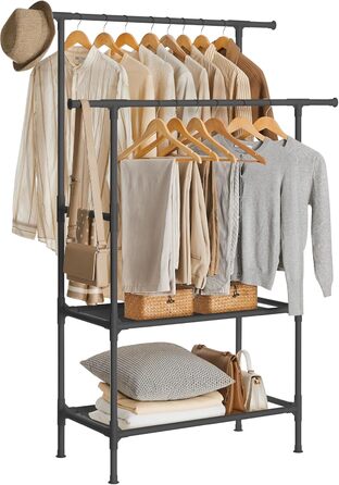 SONGMICS Стійка для одягу металева, з 2 перекладинами та 2 полицями, біла, до 70 кг, RDR02WT (Чорний)