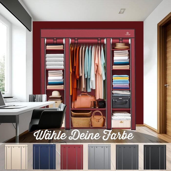 KESSER® Wardrobe Clothes Rack Stable with Clothes Rail & Shelves, Incl. 5x Clothes Hangers, Fabric Folding Wardrobe for Bedroom, Dressing Room, Clothes Rack 150x45x175cm (Burgundy Red)