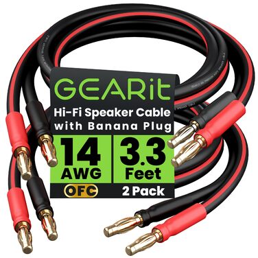 Акустичний кабель GEARit OFC 14 AWG HiFi для колонок, 2 шт. по 1м, 2x2.5 мм², з позолоченими роз'ємами «банан», чорний