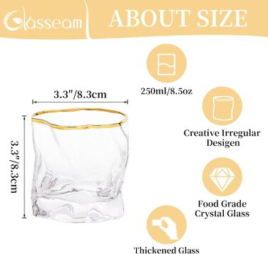 Набір склянок для віскі з нерівними гранями, 2 шт. Об'єм 250 мл. Стильні келихи для скотчу, бурбону, рому. Ідеальний подарунок для тата, чоловіка, друзів. Золотий край, прозорі.