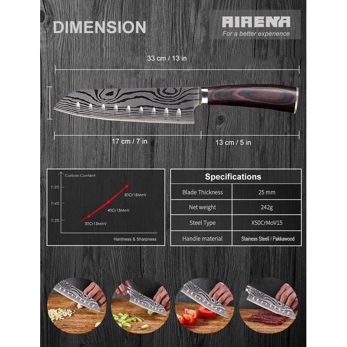 Японський ніж Santoku AIRENA, 7 дюймів (17.8 см), професійний кухонний ніж з високоякісної сталі D2, ергономічна ручка, для дому та кухні