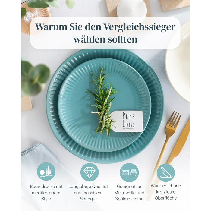 Набір посуду Steingut Hygge 24 шт. для 6 осіб: тарілки, миски, сервіз Pure Living Petrol