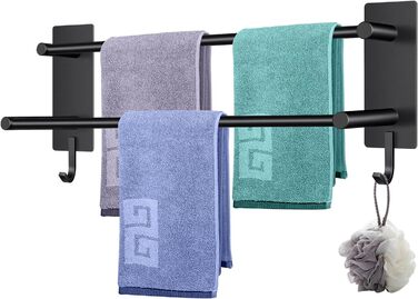 Тримач для рушників без свердління, 60 см, самоклеючий, з гачками, нержавіюча сталь, вологостійкий, для ванної кімнати та кухні (Чорний, 40 см)