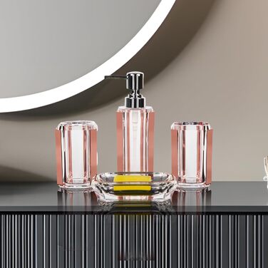 Набір аксесуарів для ванної кімнати з акрилу преміум-якості (4 шт.): дозатор для дезінфікуючого засобу, диспенсер для лосьйону, мильниця, стакан для ополіскувача, стакан для зубної пасти (чорний/золотий)