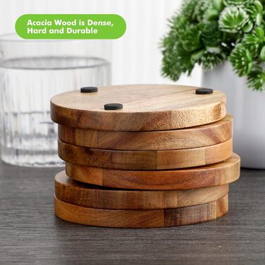 Acacia wood coasters with holder, wooden coaster set for glasses (6-piece), coasters for drinks, bar, cups, glass
