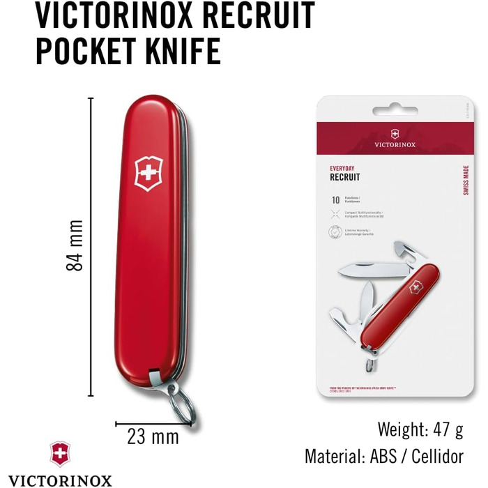 Мультитул Victorinox Recruit: Швейцарський ніж з 10 функціями, ніж, відкривачка для консервів, викрутка 3 мм