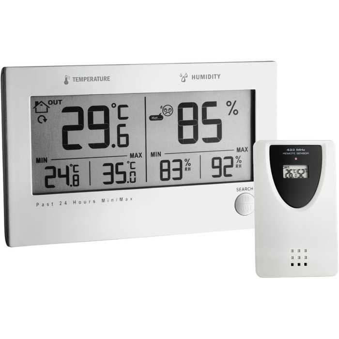 TFA Dostmann Twin Plus Radio Thermohygrometer, Comfort Icons, Frost Symbol, Display of Indoor Temperature and Humidity, Alarm, L 137 x W 17 (38) x H 83 mm