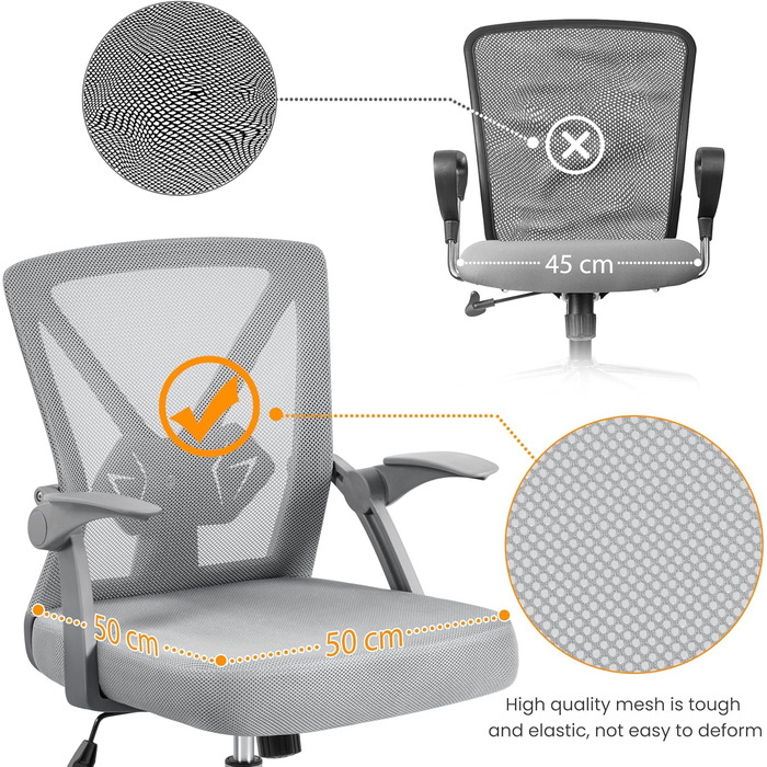 Офісне крісло Yaheetech з підйомними підлокітниками, сітчасте, ергономічне, з регулюванням поперекової підтримки, функцією гойдання та регулюванням висоти, сіре