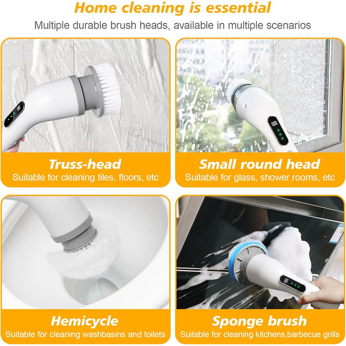 Електрична щітка для прибирання 9 в 1, 3 швидкості, регульована ручка 125 см, для ванної, кухні, плитки та авто