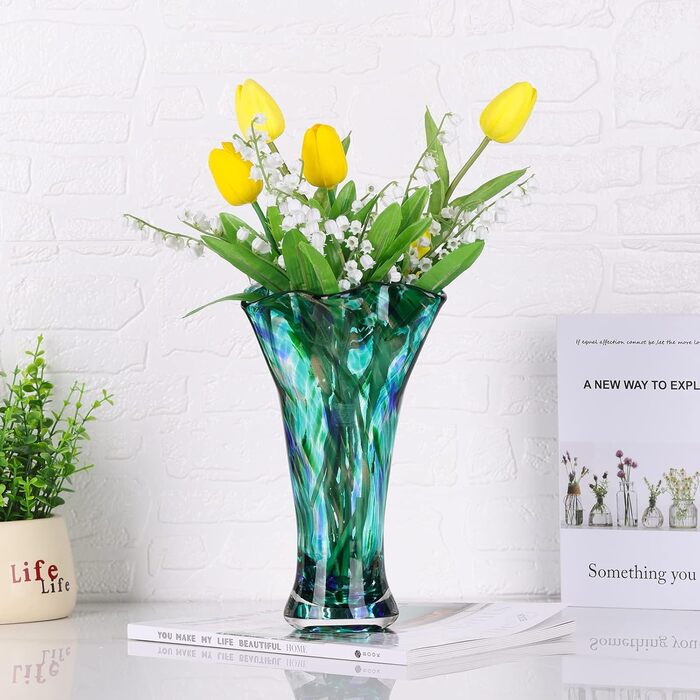 Скляна ваза для квітів, ручної роботи, зелена, для дому та декору, 22.9 см, відтінок блакитно-зелений 