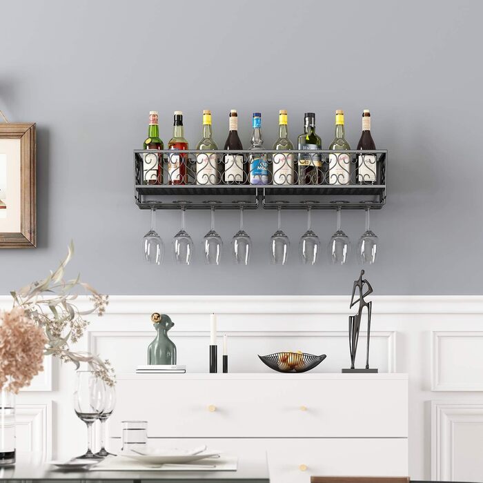 W-612 Metallic Black Wall-Mounted Wine & Champagne Glass Goblets Stemware Rack Holder, 80 x 20 cm Capacity up to 18 Bottles of Wine and 18 Glasses