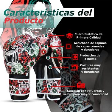 BUDDHA FIGHT WEAR Luzbel Boxing Gloves - Muay Thai & Kickboxing - Red 12oz Leather Interior - Reinforced Stitching - Multiple Designs