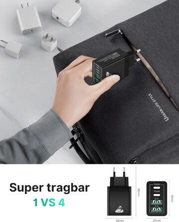 Зарядний пристрій Aioneus USB-C 40W, 4 порти PD 3.0 + QC USB-A, швидка зарядка для iPhone 15 Pro Max, Samsung та інших смартфонів - Чорний