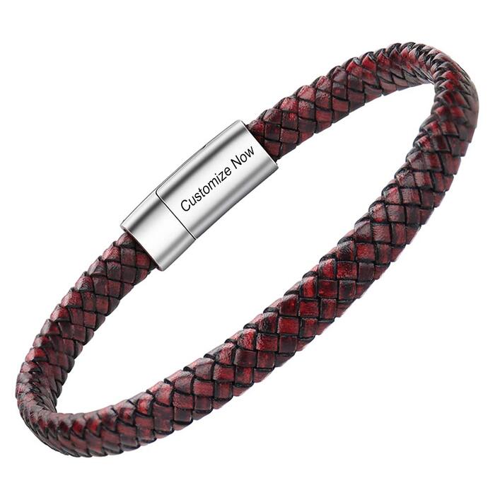 Чоловічий шкіряний браслет Casisto.J з гравіюванням, коричневий, плетений, з магнітною застібкою (22 см, індивідуальний колір - бордовий)