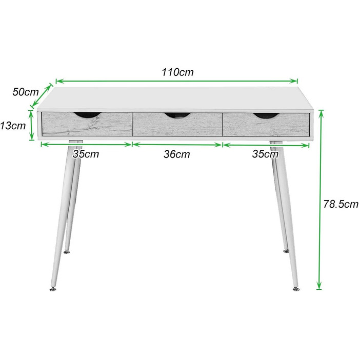 Soges Metal and E1 Wood Desk with 3 Drawers - 110x50x78cm White Office Writing Table for Storage