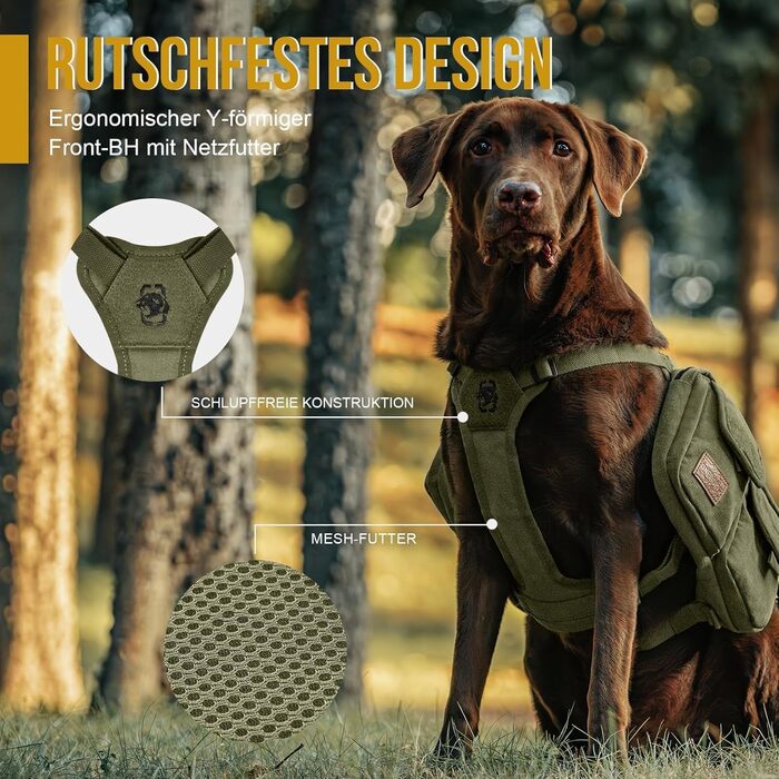 Шлейка для собак OneTigris з рюкзаком Hoppy Camper 3.0, зелена, для середніх/великих собак, рюкзак для собак з 2 основними та 4 додатковими кишенями