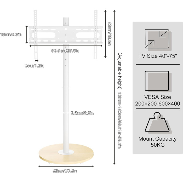 Підставка для телевізора Unho з коліщатками, регульована по висоті, для телевізорів 40-75 дюймів, VESA 600x400 мм, до 50 кг, біла