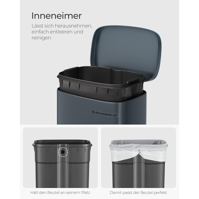 Відро для сміття SONGMICS 30 л з м'яким закриттям, сталеве, з внутрішнім відром, зелене