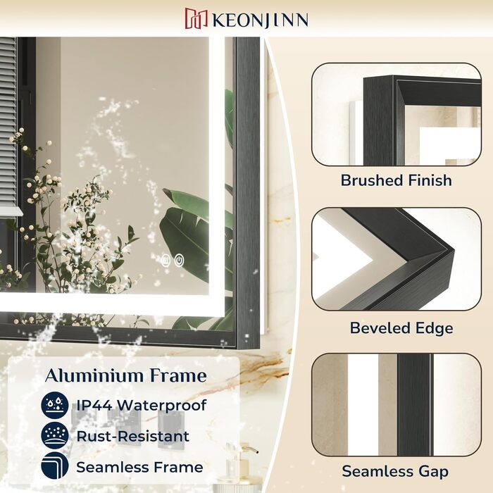Дзеркало для ванної кімнати Keonjinn з підсвічуванням, чорний металевий каркас 60x80 см, антизапітніння, LED, сенсорне управління, 3 кольори світла, регулювання яскравості, функція пам'яті, настінне дзеркало
