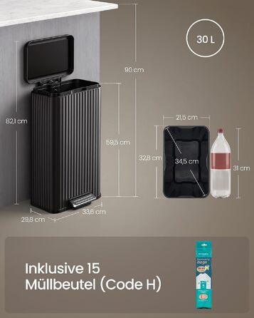 Сміттєвий відер SONGMICS для кухні на 30 л, сталевий педальний смітник з системою SoftClose, чорний