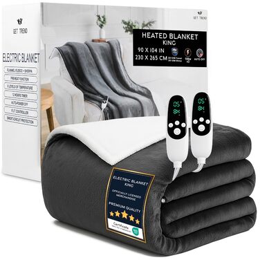 Електрична ковдра Kingsize Get Trend, м'яка Sherpa Fleecedecke, 230x265 см, 9 режимів нагріву, таймер 12 годин, тепла ковдра-подарунок (темно-сірий, розмір EU)