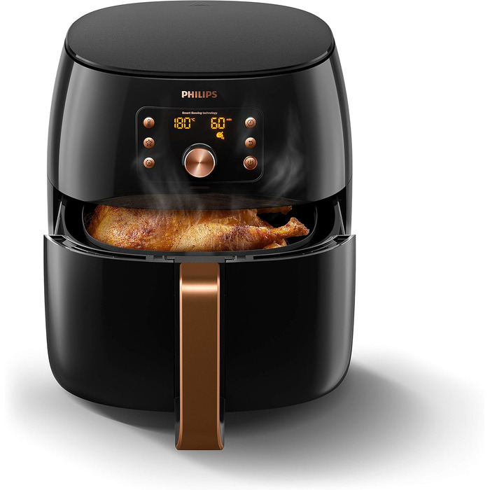 Philips Airfryer XXL with Rapid Air Technology - Hot Air Fryer with 7.3L Capacity, 90% Less Fat, Smart Sensing for Perfect Results, QuickClean, Recipe App, Black/Copper (HD9867/90)