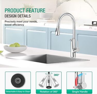 Кран кухонний CREA Wasserfall висувний з дозатором мила, нержавіюча сталь, 360° оберт, 4 режими, хром