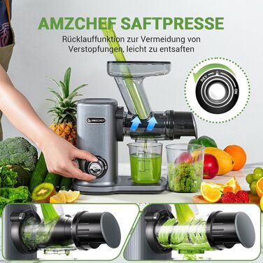Соковитискач AMZCHEF компактний для овочів і фруктів, 150Вт, тихий шнековий, два режими подачі, захист від перегріву, реверс, сірий