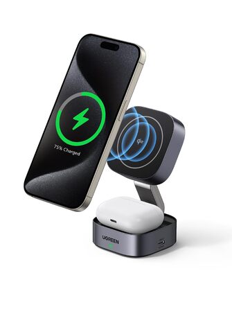 Ugreen MagFlow Qi2 Бездротова зарядка 15W 2-в-1 MagSafe для iPhone 15/16/17, AirPods + Кабель 1м
