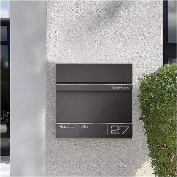 Поштова скринька Metzler Anthrazit RAL 7016 з газетницею та номерним знаком - персоналізована лазерним гравіюванням | Сучасна водонепроникна та стійка до іржі поштова скринька Hermann (Db703)