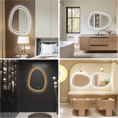 Дзеркало з підсвіткою, асиметричне LED, 75x55 см, з сенсорним вимикачем, антизапар, 3 кольори світла, регулювання яскравості, функція пам'яті, чорний (горизонтальне/вертикальне)