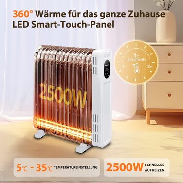 Електричний масляний радіатор Aigostar Snug X2 2500W з пультом керування, термостатом, 3 режимами, таймером, LED-дисплеєм, захистом від перекидання та перегріву