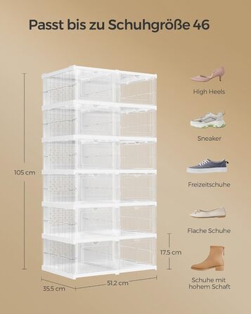 SONGMICS Shoe Cabinet Set, with 18 Shoe Boxes, Integrated Shoe Organizer, Foldable, Portable, for Shoes up to Size 46, 1-Minute Assembly, Transparent + Cloud White LSP207W01 (Transparent + Cloud White, 2)
