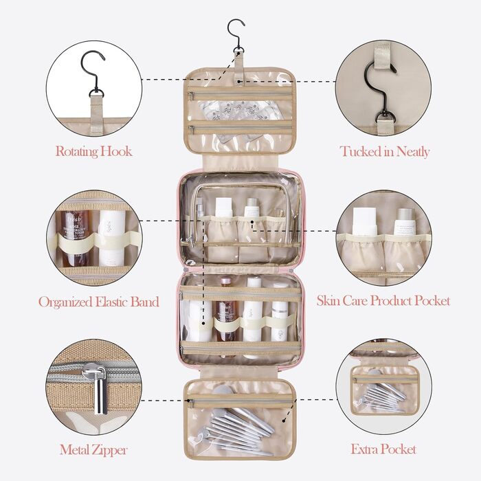 Складана дорожня косметичка IDEATECH, водонепроникна, для чоловіків та жінок, з петлею для підвішування (251-рожевий)