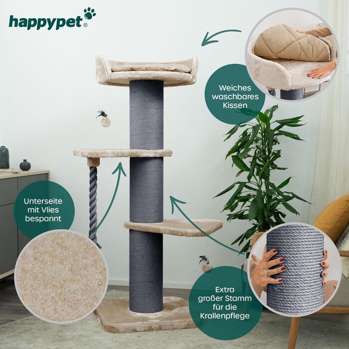 HAPPYPET Преміум Дряпка для котів 'Фредді' – великий котячий комплекс, 150 см, для Мейн-куна, сизаль, товсті стовпчики (20 см) – капучино