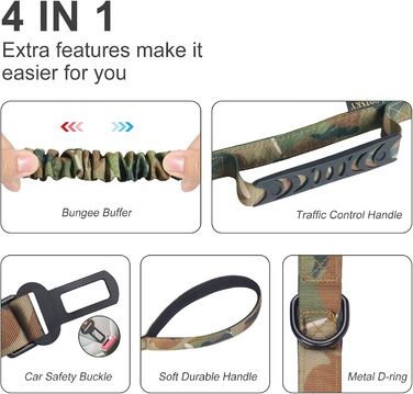 Міцна собача повідок-рулетка, камуфляжна військова повідок з автофіксатором для великих собак до 68 кг, 1,8 м, амортизуюча, з подвійним руків'ям, тактична повідок для собак
