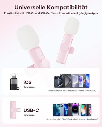 Беспроводной петличный микрофон 2шт, для iPhone, iPad, Android, с шумоподавлением, Plug & Play, для видео, подкастов, YouTube, TikTok (Рожевий)