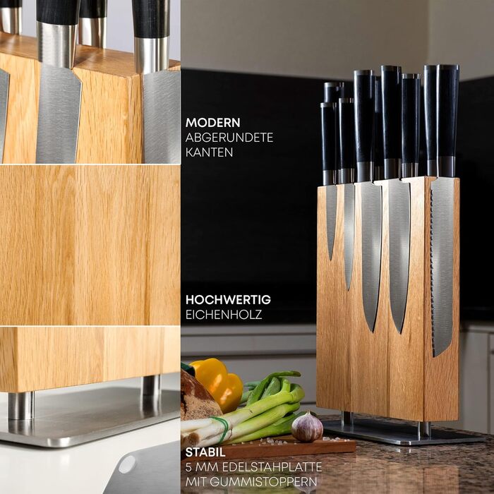 SEMPREZA® Magnetic Knife Block | 4-Sided Magnetic Knife Holder | Knife Block Holder | Knife Storage | Magnetic Knife Block without Knives, Wood Oak