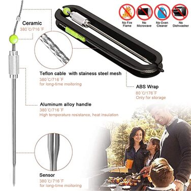 Uzone Wireless Meat Thermometer, Digital Bluetooth Thermometer with APP 100m Remote Monitoring, Grill Thermometer for Smoker Roasting BBQ Oven Thermometer, LCD Backlit Screen, 4 Probes (Probe)