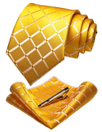 Чоловіча краватка в клітку JEMYGINS для весілля, жовта, з хустинкою та затискачем для краватки