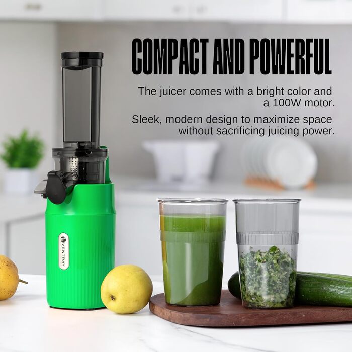 Ventray Ginnie Juicer - Slow Juicer with 60 RPM Low Speed, Juicer for Vegetables and Fruit with Reverse Function and Two Filter Sizes, BPA Free Electric Fruit Press, Green Parrot