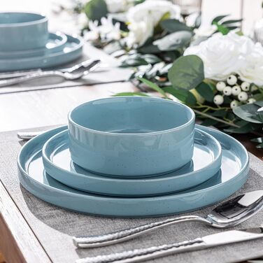 Набір посуду GBHOME для 4 осіб, 12 предметів: тарілки, миски, чашки з глазурованим дном, стійкий до подряпин та сколів, підходить для миття в посудомийній машині та використання в мікрохвильовій печі, блакитний колір